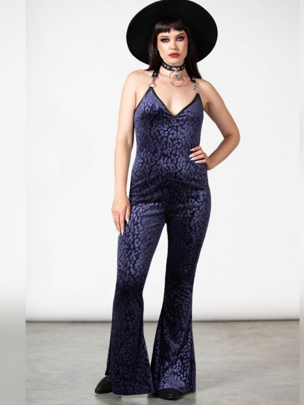 KILLSTAR Huntress Leopard Velvet Burnout Halterneck Flare Jumpsuit Purple XS